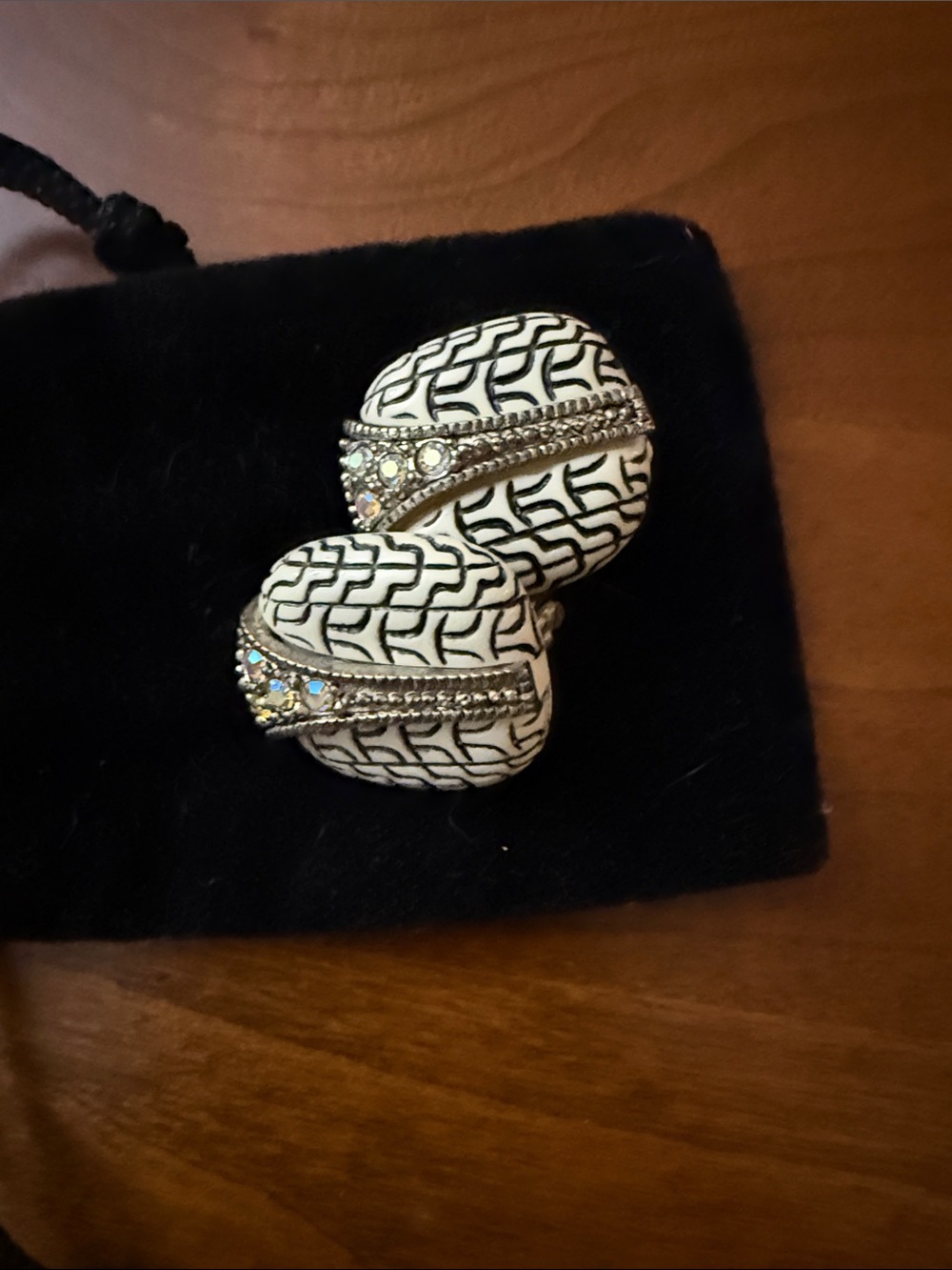 White and Black Patterned Crystal Accent Clip-On Earrings -